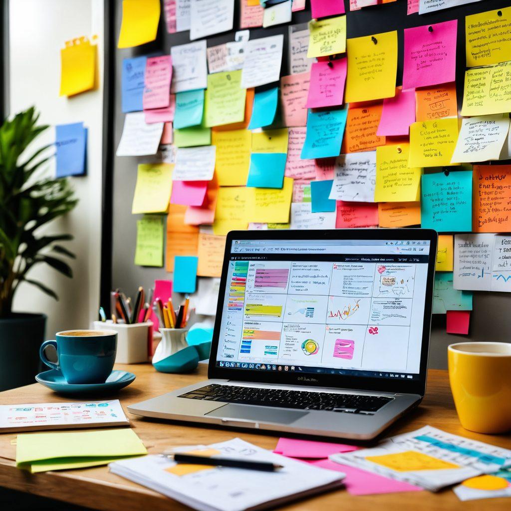 A dynamic workspace featuring a laptop with analytics graphs displayed on the screen, surrounded by colorful sticky notes with brainstorming ideas. A steaming coffee cup sits beside an open notebook filled with handwritten notes. The background showcases a bright, modern office with books on blogging strategies and a vision board full of data-driven tips. super-realistic. vibrant colors. 3D.