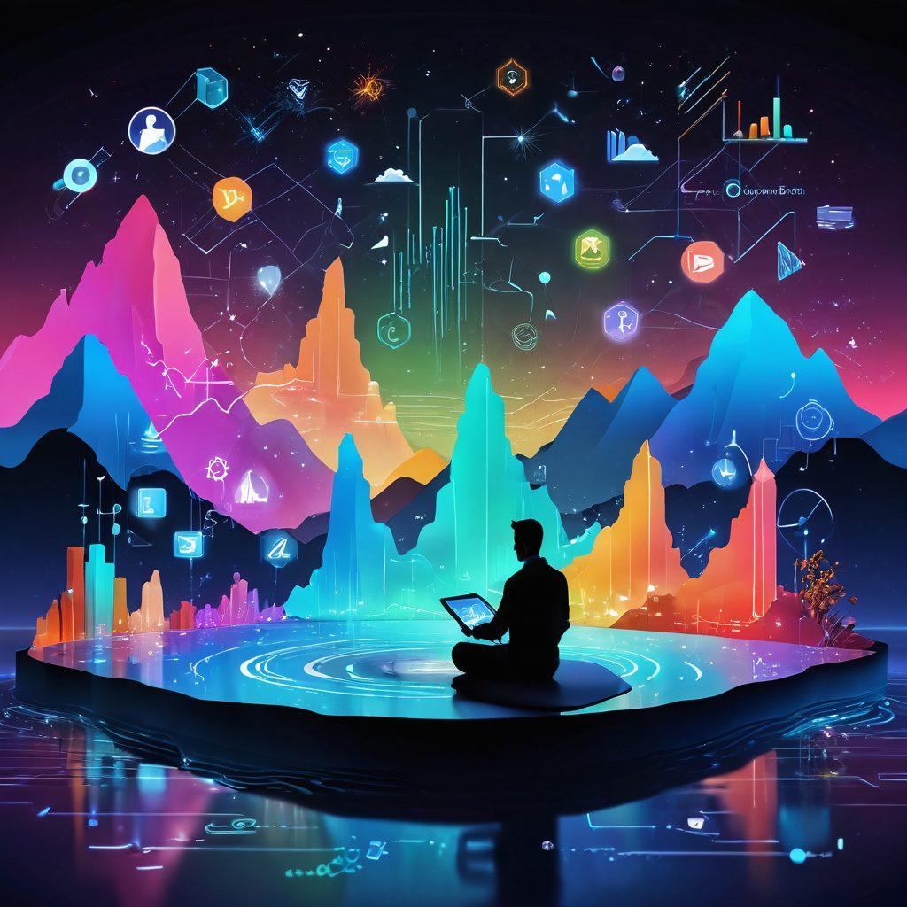 A dynamic digital landscape featuring a storyteller at a floating holographic interface, analyzing data graphs and charts that symbolize analytics in storytelling. Surrounding elements include colorful icons representing social media, audience engagement, and vibrant data streams flowing like a river, creating an immersive atmosphere of creativity and insight. futuristic illustration. vibrant colors. 3D.